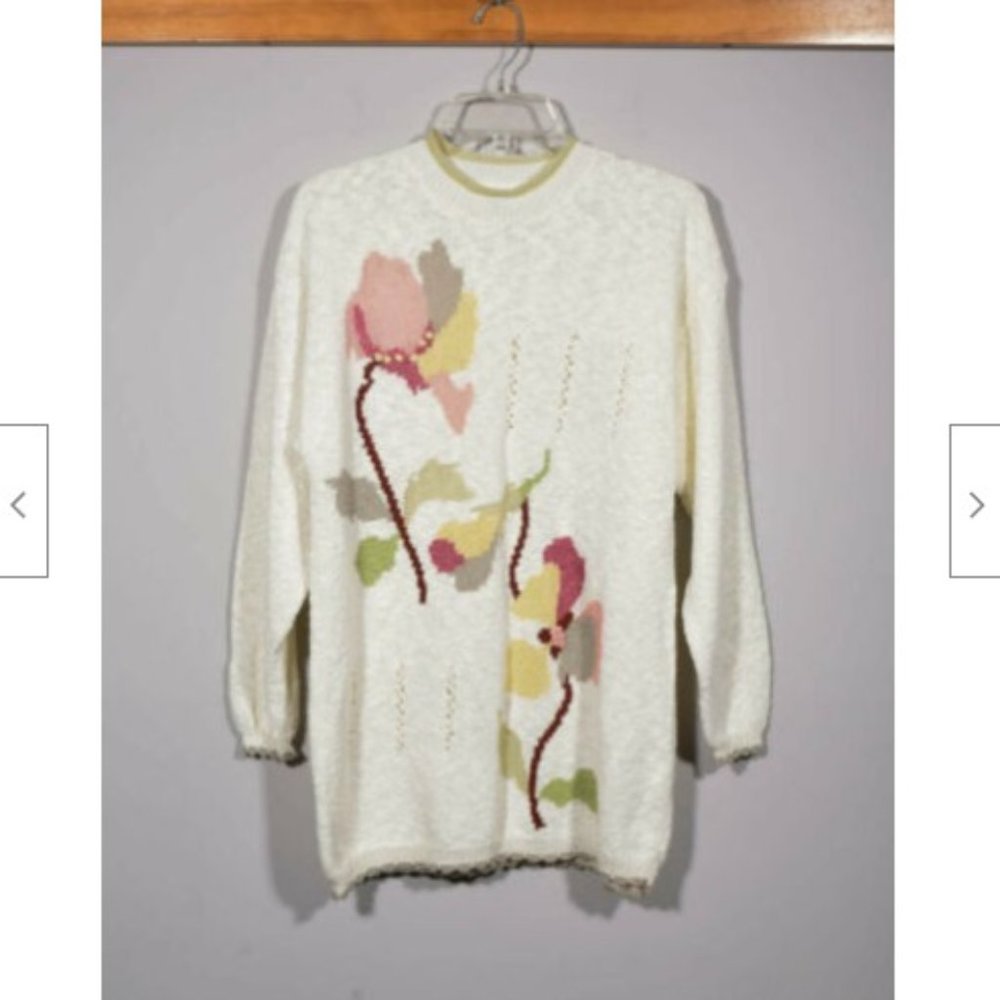 Vintage Canda C&A Acrylic Cream Floral Long Oversized Tunic Sweater Sz S - 36/38